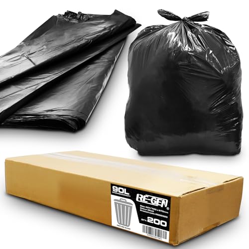 200 Pack | 1 Full Box | RE-GEN 90L 10kg Load Medium Duty Black Bin Liners Refuse Sacks, Everyday Use, Industrial Strength, Quality Rubbish Bags 457/725 x 975mm