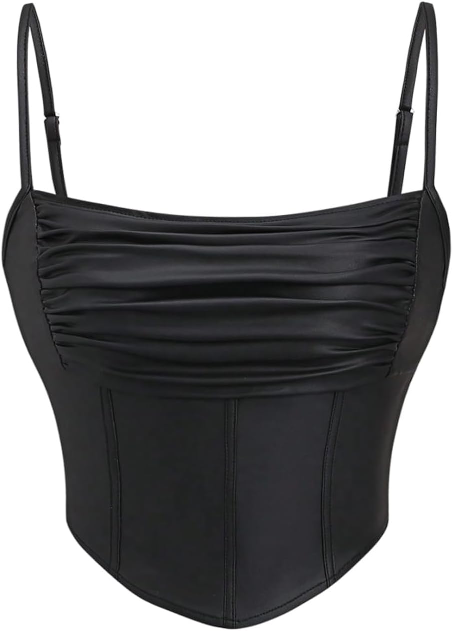 Milumia Women's Ruched Faux Leather Bustier Top Spaghetti Straps Corset Crop Tops