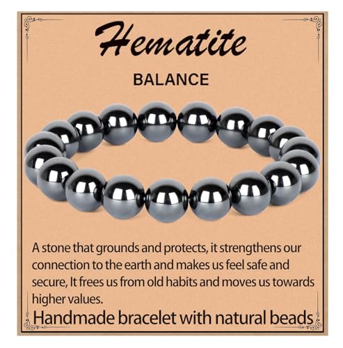 LPBeads Handmade Natural Gemstone Stretch Elastic Bracelet Healing Crystal Round Stone Beads Jewelry Gifts for Women Men, 10mm, Natural Hematite, natural howlite
