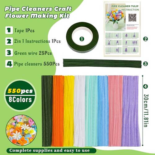 ZXIIXZ 550 Pcs Pipe Cleaners Craft, 8 Colors Pipe Cleaners Flower Kit, Chenille Stems Fuzzy Sticks Craft Supplies for Flower Making, Festival Home Art Decor