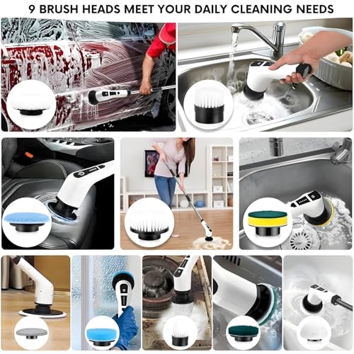 Image of PEDRO 9 in 1 Head Cordless Electric Cleaning Brush | Rechargeable Power Scrubber with Extendable Handle | Multi Surface Cleaner for Home, Car, Bathroom, Tiles, Kitchen, Floor (6 Months Warranty)
