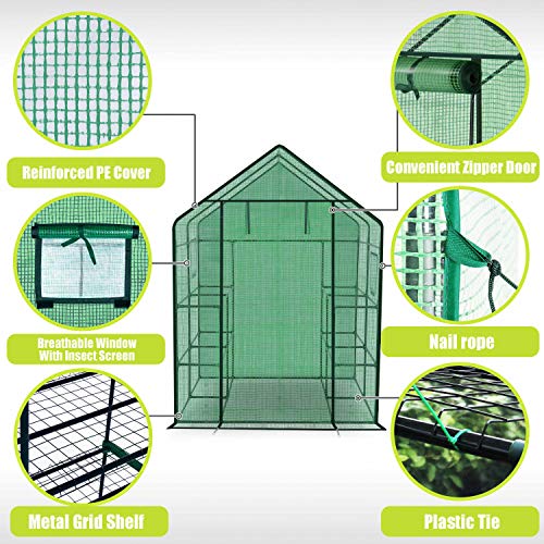 Reinforced Walk-in Greenhouse with Window,Plant Gardening Green House 2 Tiers and 8 Shelves,L56.5 x W56.5 x H76.5