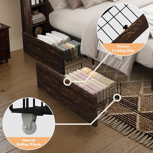 Image of AMERLIFE 45'' Farmhouse King Bed Frame with 4 Drawers, LED Bed Frame with Bookcase Headboard & Side Shelves, Wood Platform Bed with Charging Station, Walnut
