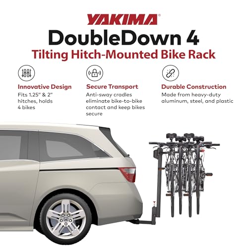 YAKIMA DoubleDown 4 - Tilting Hitch-Mounted Bike Rack for Cars, SUVs, Trucks and More, Fits 1.25” and 2” Hitches, Anti-Sway and Folding Arms, Carries 4 Bikes
