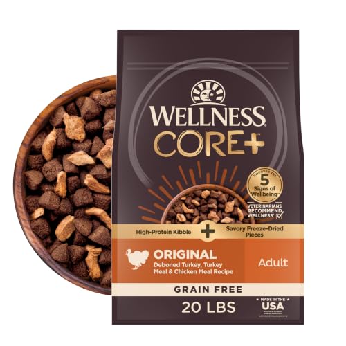 Image of Wellness CORE+ Adult Dry Dog Food with Freeze Dried Pieces, Grain Free Kibble+, Natural, High Protein, Turkey and Chicken Recipe, 20 lb Bag