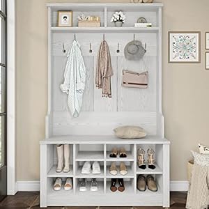 Itaar Hall Tree with Storage Bench, 3-in-1 Entryway Bench with Coat Rack, Adjustable Shoe Storage and Hanging Hooks, Embossed White Itaar Hall Tree with Storage Bench 3 in 1 Entryway Bench with Coat Rack Adjustable Shoe Storage and Hanging Hooks Embossed White