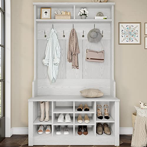 Itaar-Hall-Tree-with-Storage-Bench-3-in-1-Entryway-Bench-with-Coat-Rack-Adjustable-Shoe-Storage-and-Hanging-Hooks-Embossed-White Itaar Hall Tree with Storage Bench 3 in 1 Entryway Bench with Coat Rack Adjustable Shoe Storage and Hanging Hooks Embossed White