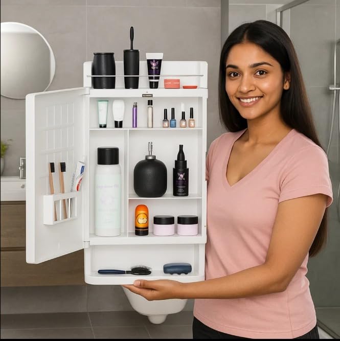 Well Set Rich Look Bathroom Cabinet with Mirror White | Storage Organiser | Strong Plastic Bathroom Shelves Wall Mounted | Bathroom Accessories| Mirror Cabinet- (Made in India)-image-42