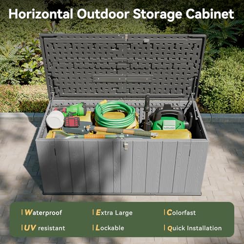 Image of AOXUN Horizontal Storage Sheds 21 Cu.ft, HDPE Outdoor Storage Box 160 Gallon, Waterproof Lockable Resin Deck Box with Spring-Assisted Lid, Patio Storage for Garden, Pool, Cushions, Tools, Grey