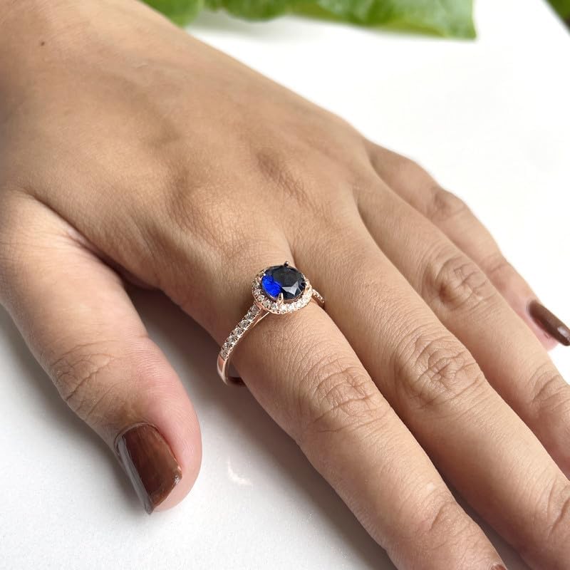 Round Cut Blue Sapphire And White Diamond Halo Engagement Ring, 14k Gold Finish Bridal Ring, Propose Ring, Sapphire & Diamond Ring