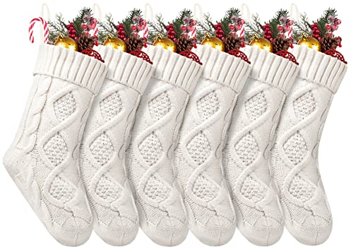 6 Pack Christmas Stockings, 14 Inches Cable Knitted Stocking Decoration & Gifts for Family Holiday Xmas Party Decor, Ivory White
