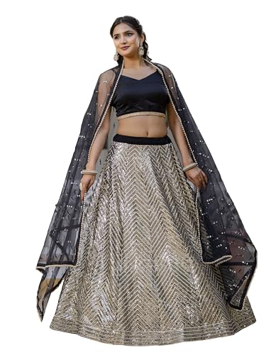Image of TRENDMALLS Women's Georgette Embroidery Sequence Work Lehenga Choli with Dupatta For Women Semi-Stitch