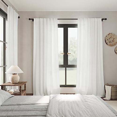 Image of Linen Off White Curtains 120 inch Extra Long for Living Room Back Tab Light Filtering Semi Sheer Drapes Modern Farmhouse Coastal Decor Cotton Textured Curtain for Floor to Ceiling Window 10 FT