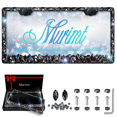 2 Pack Bling License Plate Frame for Women Murimt Gem Diamond Rhinestone License Plate Frames Handcrafted Stainless Steel Bedazzled License Plate Cover | Holder High-End Gift BoxBlack