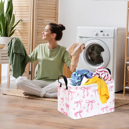 Image of Pink Bow Storage Basket Girls Gifts Basket Waterproof Storage Bins Organizer Foldable Closet Shelf Baskets with Handles for Home Office Dorm Closet Shelf
