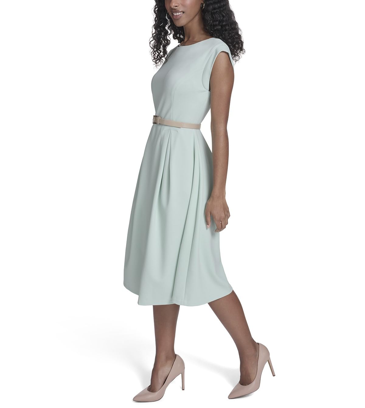 Photo 1 of Tommy Hilfiger Women's Cap Sleeve Crew Neck Scuba Crepe Belted Midi Dress, Harbor Gray, 6