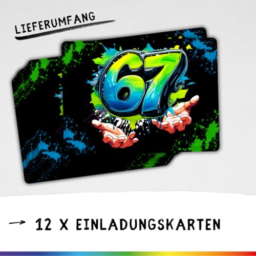 celebr8te 12x Grün/Schwarz 67 Einladungskarten – Teenager & Kindergeburtstag für Jungen & Mädchen – coole Urban- & Graffiti Einladungen inkl. Messenger Bild & Urlaubsgutschein
