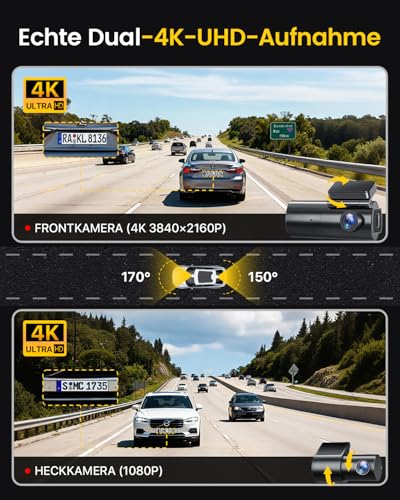 GKU 4K Dashcam Auto Vorne Hinten, 5GHz WiFi Dashcam mit 64GB SD Karte, Auto Kamera mit Parküberwachung, Super Nachtsicht, WDR, 170° Weitwinkel, G-Sensor, Loop-Aufnahme, APP Steuerung, Max 256GB – Bild 3