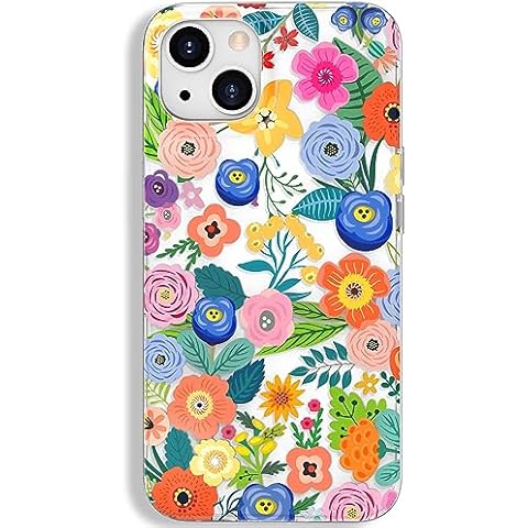 Anuck for iPhone 13 Case, Cute Pretty Flower Phone Case for Women Girls, Anti-Scratch Floral Pattern Design Slim Fit Soft TPU Bumper Shockproof Protective Case Cover 6.1", Garden Flowers White Back Cover