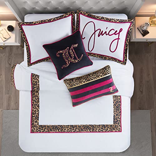 Juicy Couture Regent Leopard Bedding Set - Queen – Cheetah Print Border - White Cotton Satin 3 Piece Set Includes (1) 90 X 92” Comforter And (2) 20" X 26"+2.5” Flange Shams #TOP1