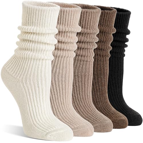 Women Merino Wool Slouch Boot Socks Warm Winter Thermal Slouchy Scrunch Cozy Knit Comfy Work Socks for 5 Pairs