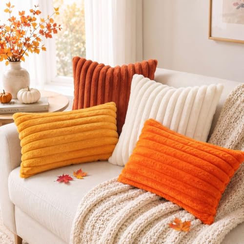 Image of Pallene Faux Fur Plush Fall Throw Pillow Covers 12x20 Set of 2, Luxury Soft Fluffy Striped Decorative Pillow Covers for Sofa, Couch, Living Room, Rust