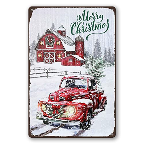 Image of Vintage Christmas Red Truck Wall Sign - Metal Plaque Sign Decorations - 8x12 Inch