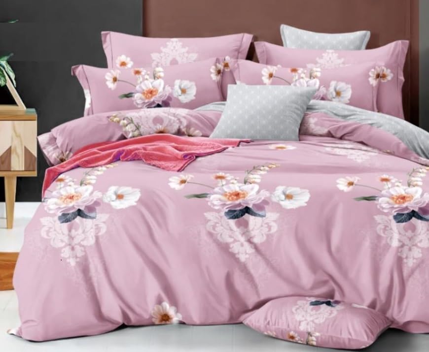 WH textiles 6 Piece Cotton King size Bedsheet - Duvet cover set | Ultra soft cotton | 1 Fitted Sheet (200 * 200+30cm) + 1 Quilt Cover (220 * 240cm) + 4 Pillow Cases (50 * 75cm) (Floral-10)