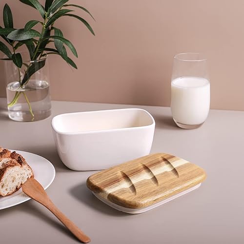 Miniatura 4 de DOWAN Mantequillera con cuchillo, plato grande de mantequilla con tapa para encimera, manteca de cerámica para mantequilla de la costa esteoeste,