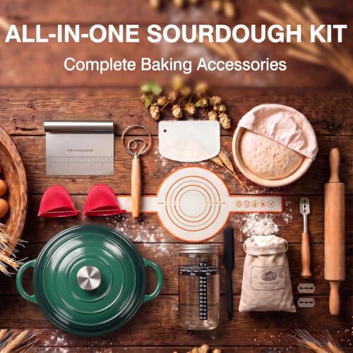 Image of Enameled Cast Iron Dutch Oven Pot with Lid 5.5QT, Sourdough Bread Baking Supplies with Banneton Bread Proofing Basket Set & Starter Jar, Unique Dutch Oven for Bread Baking (Gradient Green)