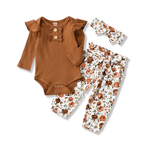 Image of Kislio Newborn Baby Girls Clothes Ribbed Ruffled Romper+Floral Pants+Headband Infant Outfit Set