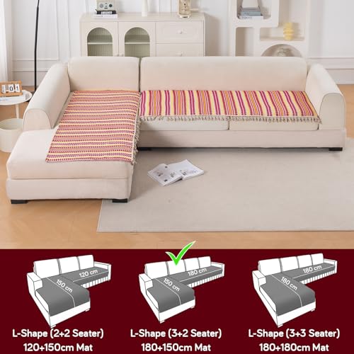 Image of HOKIPO 'Artisan Boho Series' L Shape (3+2 Seater) Sofa Cover Seat Mat | 450 GSM Cotton Acrylic Jacquard Fabric with Tassel, Ruby Red (IN-904+903-A6)