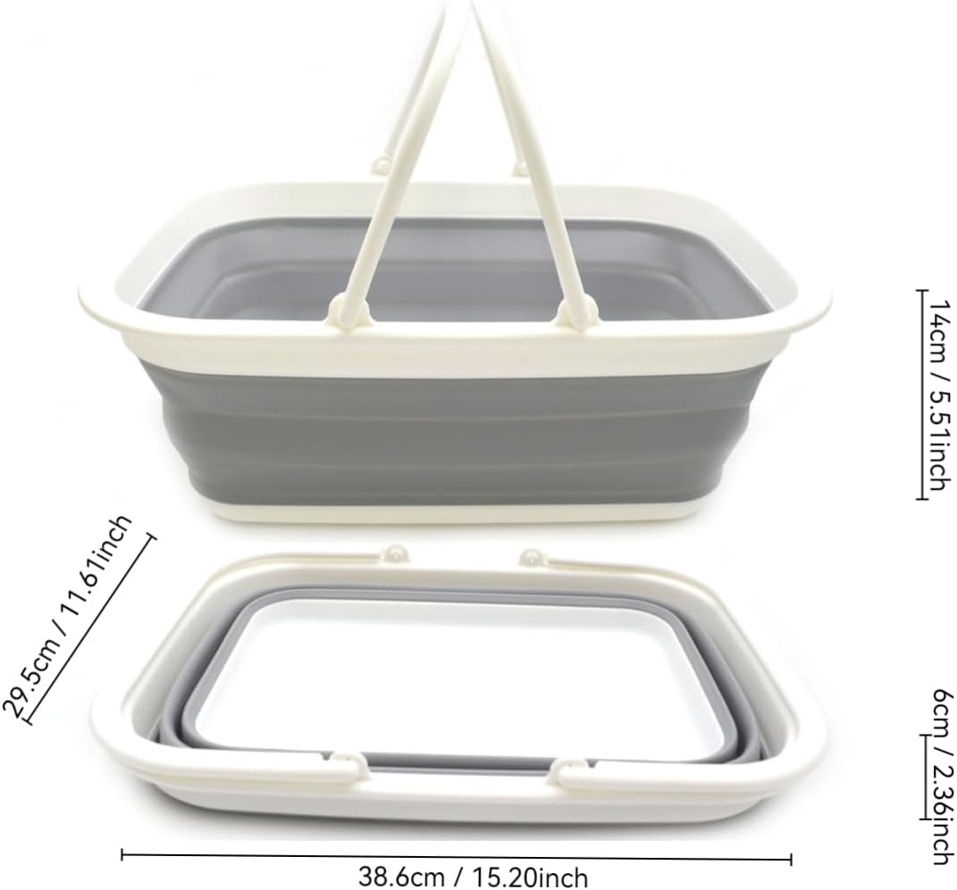 SAMMART 9.2L (2.37Gallon) Collapsible Tub with Handle - Portable Outdoor Picnic Basket/Crater - Foldable Shopping Bag - Space Saving Storage Container (2, White/Grey)
