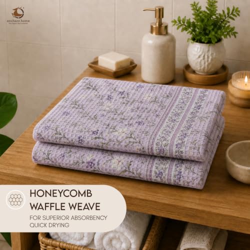 Image of Pure Cotton Printed Waffle Towel | Lightweight | Antimicrobial and Water Absorbent | Soft Touch Quick-Drying Bath Towel (Lilac Bloom, Pack of 1)