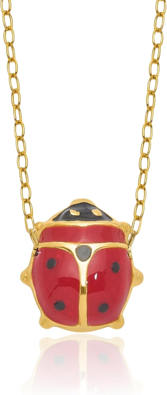 14K Solid Yellow Gold Ladybug Necklace 17 inch Chain