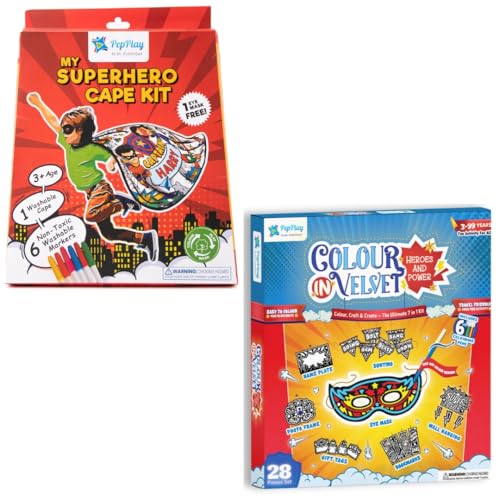 Image of PepPlay Superhero Combo for Boys, Colour-in Velvet Heroes and Power + My Superhero Cape Kit, DIY Mess-Free Art and Craft Activity, Summer, Reusable Travel Toy, Birthday Return Gift for Age 3 to 10