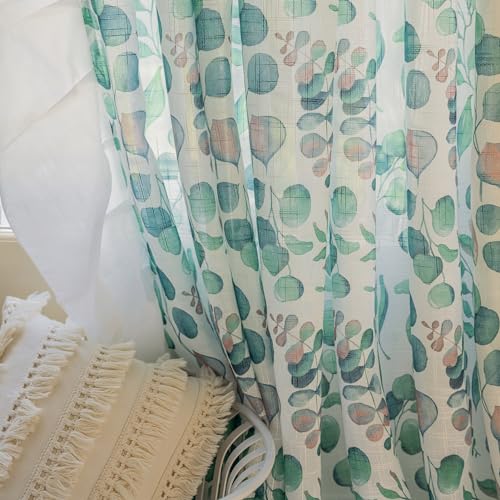 Image of SUOUO Green Eucalyptus Leaf Semi Sheer Curtains 96 Inches Rod Pocket | 2 Panels,Linen Textured,Light Filtering,Patterned Watercolor Botanical,Farmhouse Cottage Core,Drapes for Living Room Bedroom