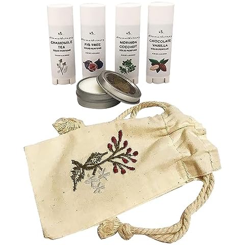Toxin Free Handmade Solid Perfume Travel Set 5 Different Scents Free Embroidered Cotton Bag (Gourmand Collection) Cover
