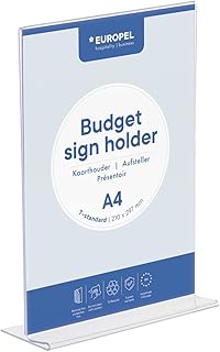 Budget Sign Holder, T-Standard, A4 Size Portrait, Clear Polystyrene 1,5 mm, Menu & Leaflet Display Holder for Restaurants, Hotels, Conference & Reception – Free Standing & Double Sided