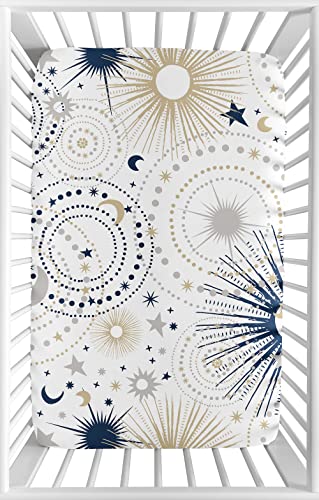 Image of Sweet Jojo Designs Star and Moon Boy or Girl Fitted Mini Crib Sheet Baby Nursery for Portable Crib or Pack and Play - Navy Blue, Gold, and Grey Celestial Sky Stars Gender Neutral Unisex