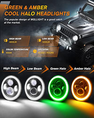 Mgllight 7 Inch Halo Led Headlight With Green Drl Amber Turn Signal Light Dot Approved 7 Inch Led Headlight Compatible With Wrangler Halo Headlights Jk Tj Lj Cj, Green Halo #TOP1