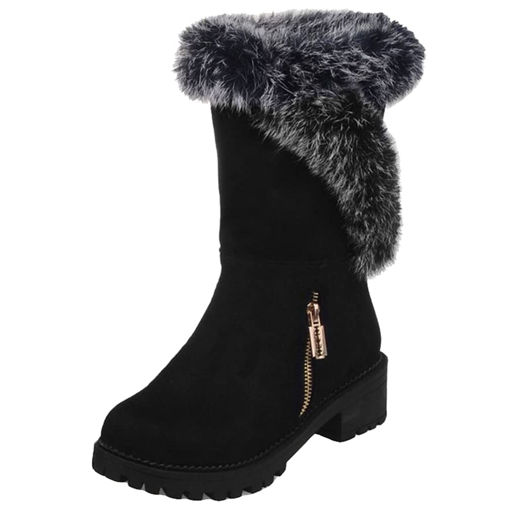 Onewus Damen Winterstiefel mit halbhoher Wade, warmem Kunstpelz und niedrigem Chunky Heel