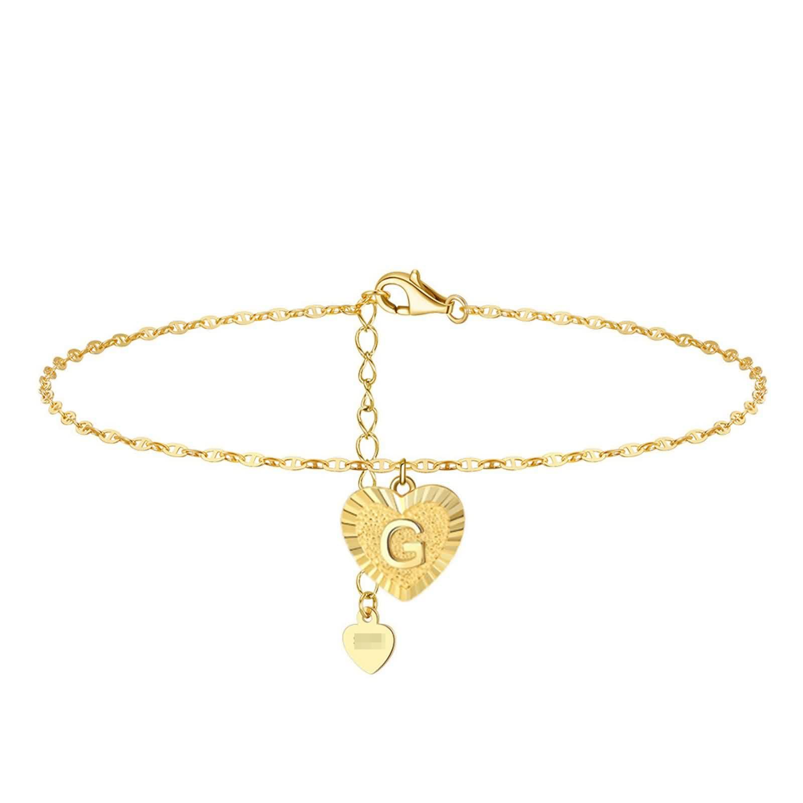 Au585 Gold Knöchel Kette Damen, Fußkettchen Hochzeit 14K Gelbgold Herz mit Buchstaben Armbänder für Mädchen für Damen