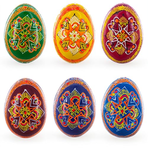 BestPysanky Set of 6 Folk Art Patterns Wooden Ukrainian Easter Eggs 2.5 Inches