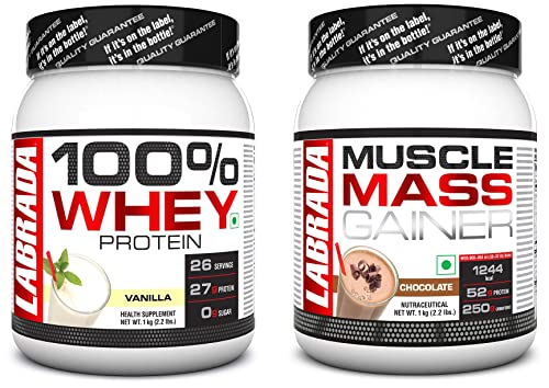 Image of Labrada Muscle Mass Gainer Powder(Gain Weight, Post-Workout, 52gm Protein, 250g Carbs,1g Creatine, 500mg L-Carnitine,For 3 Servings) - 2.2 lbs (1 kg) (Chocolate) & Whey Protein, Vanilla, 2.2 lbs