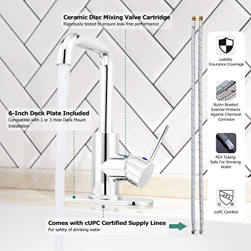 Parlos Single Handle Wet Bar Faucet Swivel One Hole Kitchen Prep Sink Faucet With 6 Inch Deck Plate, Chrome, 1440301Pd #TOP2