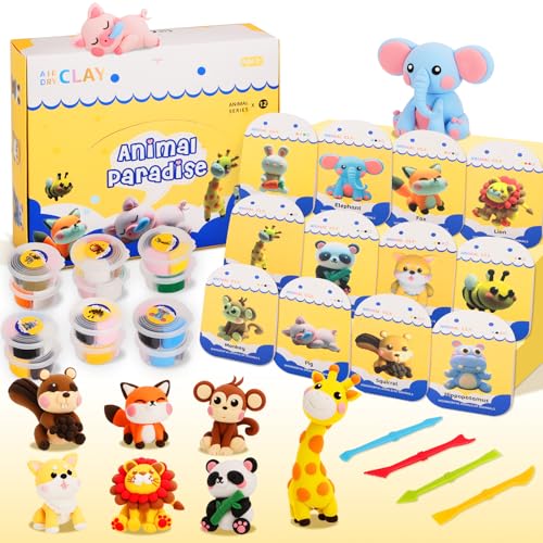 Air Dry Clay for Kids,12 Animal Modeling Clay for Kids,Arts and Crafts,Non-Toxic Air Dry Clay Animal Kit with Sculpting Tools, DIY Christmas Gift for Girls and Boys Christmas Crafts