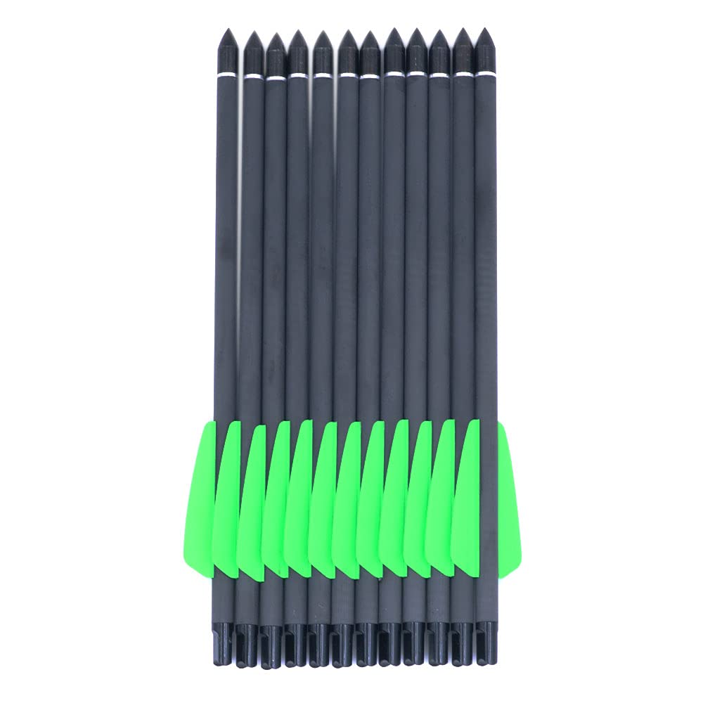 12 Pack 7.5" Green Feathered Pure Carbon Arrow Shafts, 2" Feathered Arrows with Replaceable Heads for Compound and Recurve Bows