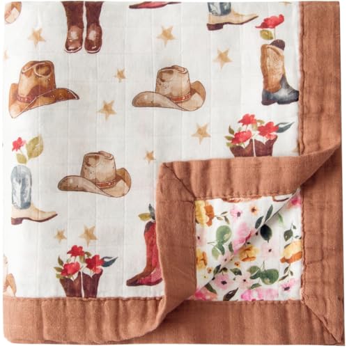 Image of Little Jump Cowgirl Floral & Highlandcow Muslin Blanket Baby Quilt - Silky Soft and Breathable Crib Blanket for Daycare - Large 47 inch x 47 inch - 2 Layers Toddler Summer Blankets for Girls (Cow Girl)