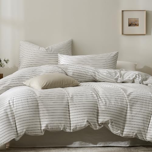JELLYMONI 100% Cotton Wide Striped Queen Duvet Cover Set, White/Gray